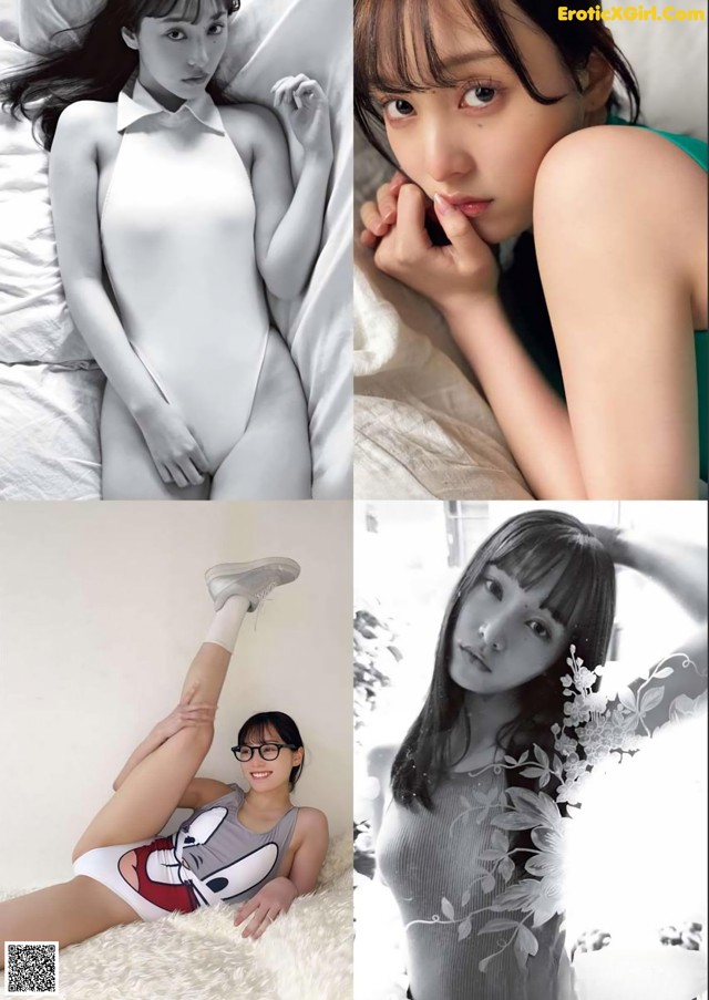 A collage of photos of a woman laying on a bed.