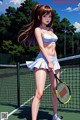 A woman holding a tennis racket on a tennis court.