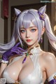 A woman with long purple hair wearing a white dress and purple gloves.