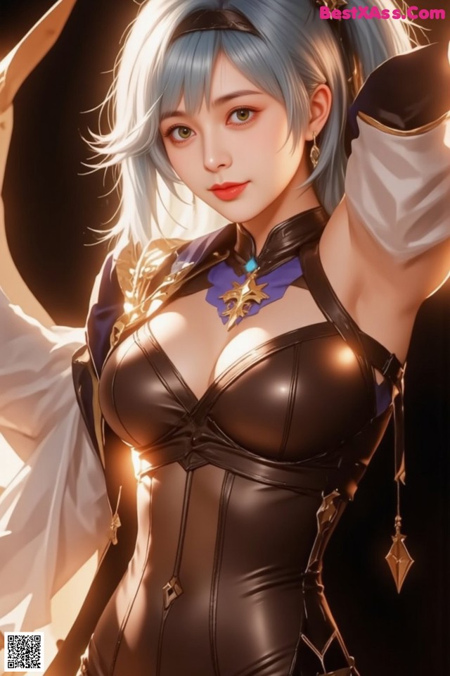 A woman in a black leather outfit holding a sword.