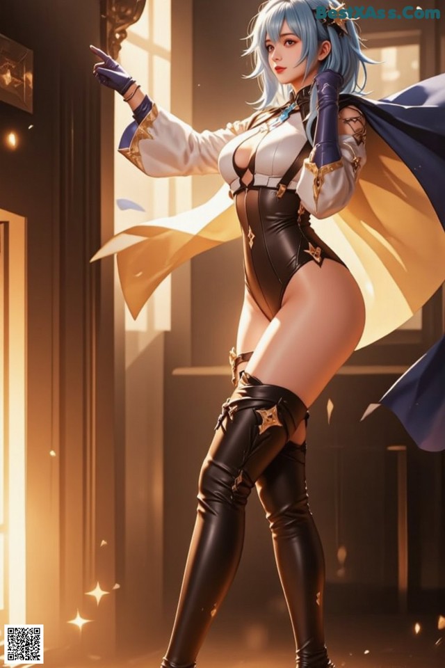 A woman in a black and white outfit with a cape.
