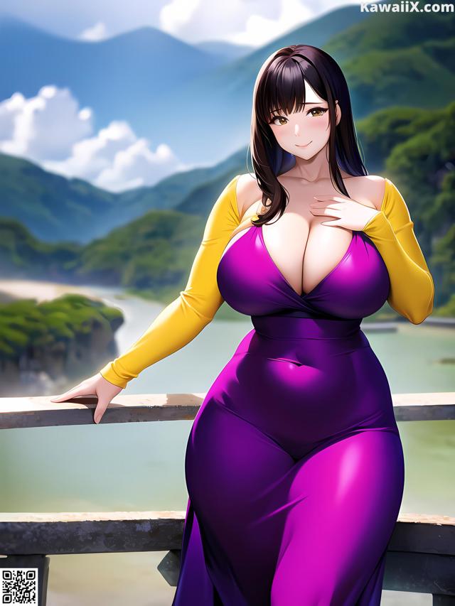 A woman in a purple dress standing on a bridge.